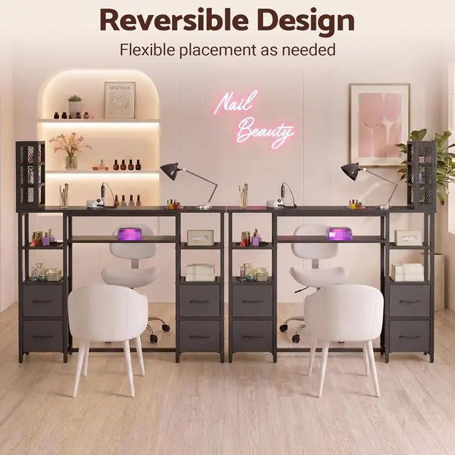 Alt view image 6 of 7 - Manicure Table Nail Desk, Double Tabletop Manicure Desk for Nail Tech, Professional Nail Station w/ 3-Tier Storage Rack, 4 Drawers & Open Shelves, for Beauty, Salon, Spa & Home, Black