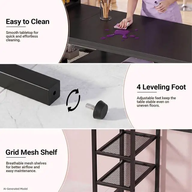 Alt view image 7 of 7 - Manicure Table Nail Desk, Double Tabletop Manicure Desk for Nail Tech, Professional Nail Station w/ 3-Tier Storage Rack, 4 Drawers & Open Shelves, for Beauty, Salon, Spa & Home, Black