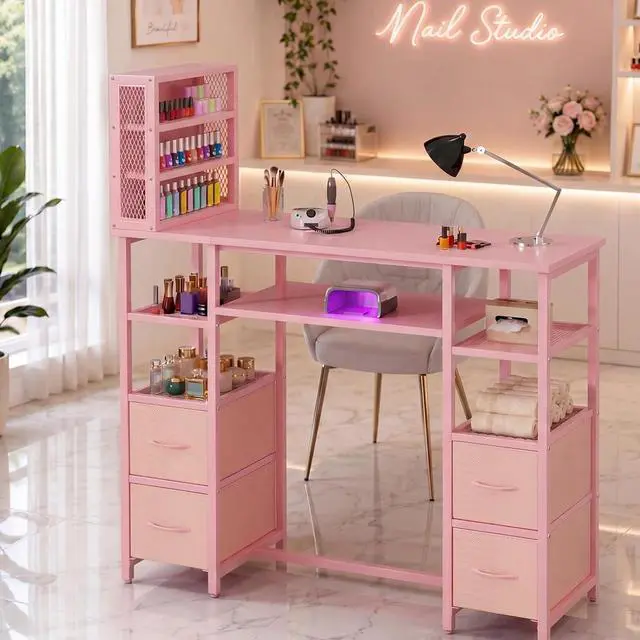 Main image of Manicure Table Nail Desk, Double Tabletop Manicure Desk for Nail Tech, Professional Nail Station w/ 3-Tier Storage Rack, 4 Drawers & Open Shelves, for Beauty, Salon, Spa & Home, Pink