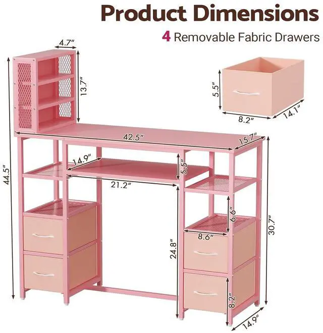 Alt view image 2 of 7 - Manicure Table Nail Desk, Double Tabletop Manicure Desk for Nail Tech, Professional Nail Station w/ 3-Tier Storage Rack, 4 Drawers & Open Shelves, for Beauty, Salon, Spa & Home, Pink