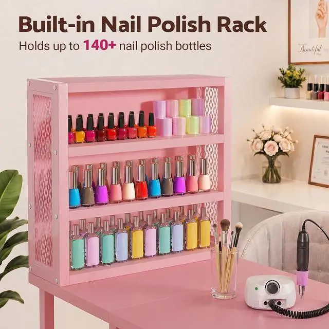 Alt view image 3 of 7 - Manicure Table Nail Desk, Double Tabletop Manicure Desk for Nail Tech, Professional Nail Station w/ 3-Tier Storage Rack, 4 Drawers & Open Shelves, for Beauty, Salon, Spa & Home, Pink