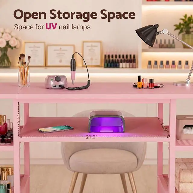 Alt view image 4 of 7 - Manicure Table Nail Desk, Double Tabletop Manicure Desk for Nail Tech, Professional Nail Station w/ 3-Tier Storage Rack, 4 Drawers & Open Shelves, for Beauty, Salon, Spa & Home, Pink