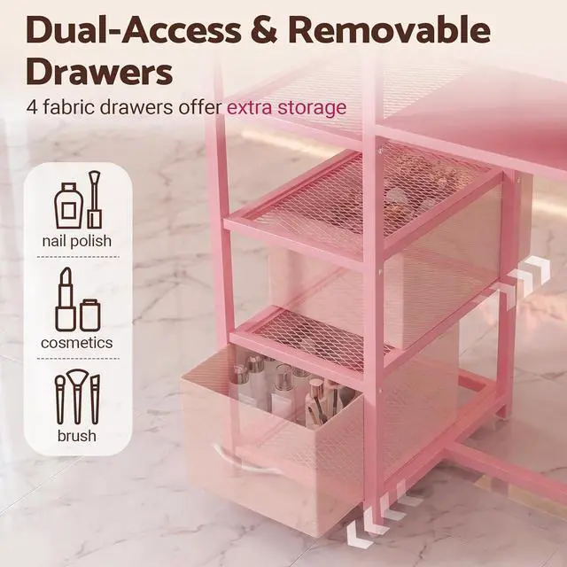 Alt view image 5 of 7 - Manicure Table Nail Desk, Double Tabletop Manicure Desk for Nail Tech, Professional Nail Station w/ 3-Tier Storage Rack, 4 Drawers & Open Shelves, for Beauty, Salon, Spa & Home, Pink