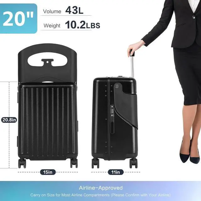 Alt view image 6 of 7 - 20" Carry On Luggage with Seat For Kids & AdultsHardside Ride On Suitcase Front Opening with 360°Spinner and TSA Lock For Travel (Black with Front Open, 20")