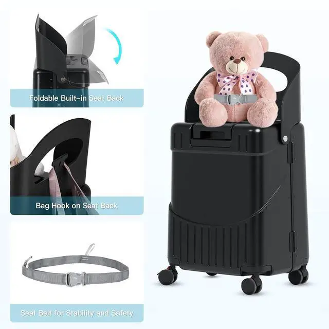 Alt view image 7 of 7 - 20" Carry On Luggage with Seat For Kids & AdultsHardside Ride On Suitcase Front Opening with 360°Spinner and TSA Lock For Travel (Black with Front Open, 20")