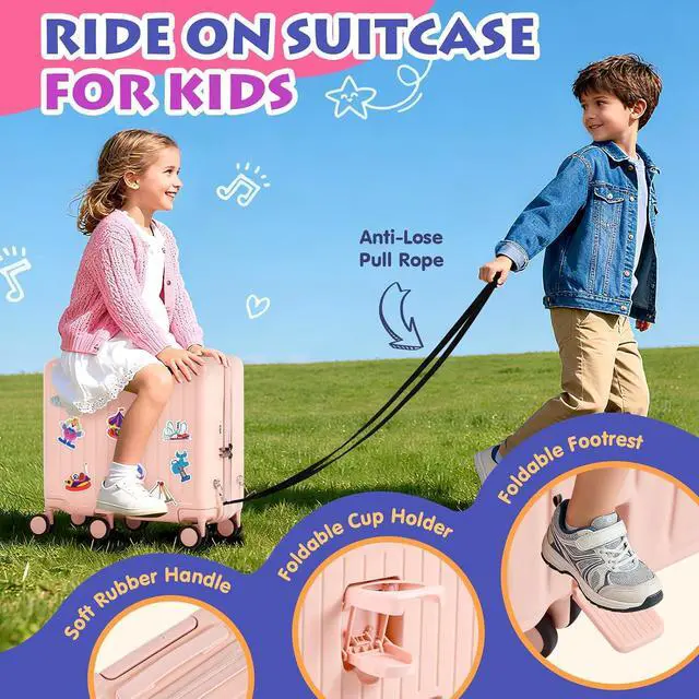 Alt view image 3 of 7 - Kids Ride-On Luggage, 20" Hardshell Carry-On Suitcase with 6 Spinner Wheels, Foldable Pedal, Hidden Cup Holder & Combination Lock for Toddlers & Children (Light Pink, 20-inch)