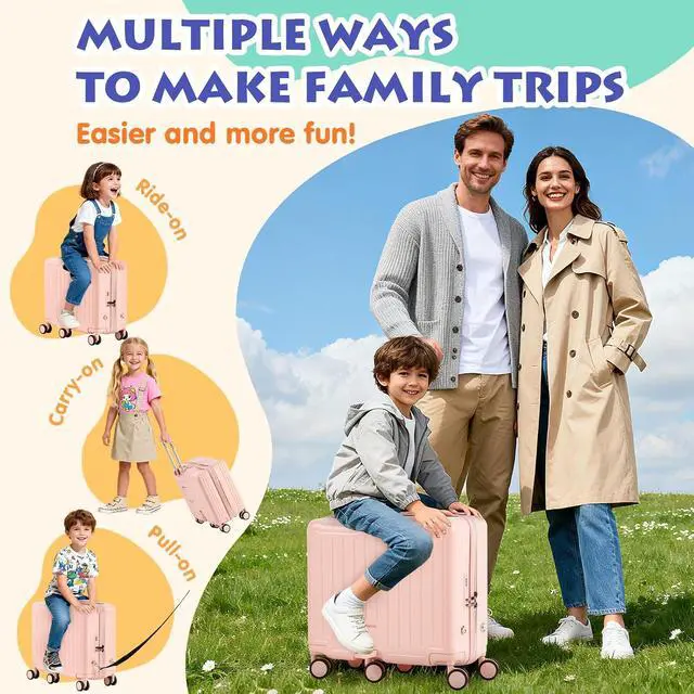 Alt view image 4 of 7 - Kids Ride-On Luggage, 20" Hardshell Carry-On Suitcase with 6 Spinner Wheels, Foldable Pedal, Hidden Cup Holder & Combination Lock for Toddlers & Children (Light Pink, 20-inch)