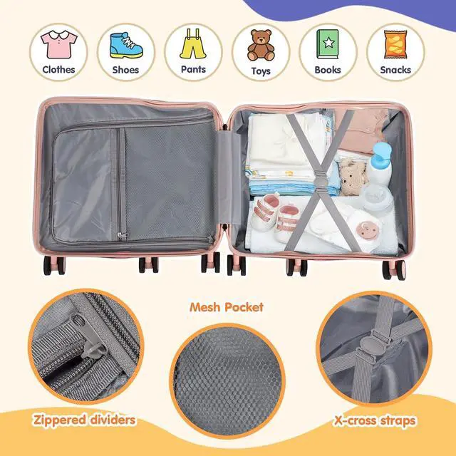 Alt view image 5 of 7 - Kids Ride-On Luggage, 20" Hardshell Carry-On Suitcase with 6 Spinner Wheels, Foldable Pedal, Hidden Cup Holder & Combination Lock for Toddlers & Children (Light Pink, 20-inch)