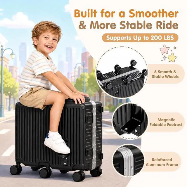 Alt view image 2 of 7 - Kids Ride-On Luggage, 20" Aluminum Frame Carry-On with 6 Wheels (Black) | Premium Construction, 200 lb Capacity, Foldable Footrest, Dual Locks, Easy-Lift Handles & Utility Hook for Family Travel