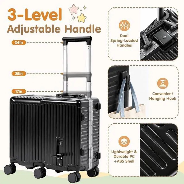 Alt view image 4 of 7 - Kids Ride-On Luggage, 20" Aluminum Frame Carry-On with 6 Wheels (Black) | Premium Construction, 200 lb Capacity, Foldable Footrest, Dual Locks, Easy-Lift Handles & Utility Hook for Family Travel