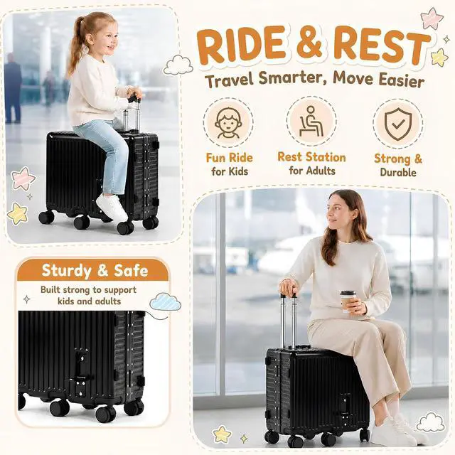 Alt view image 5 of 7 - Kids Ride-On Luggage, 20" Aluminum Frame Carry-On with 6 Wheels (Black) | Premium Construction, 200 lb Capacity, Foldable Footrest, Dual Locks, Easy-Lift Handles & Utility Hook for Family Travel