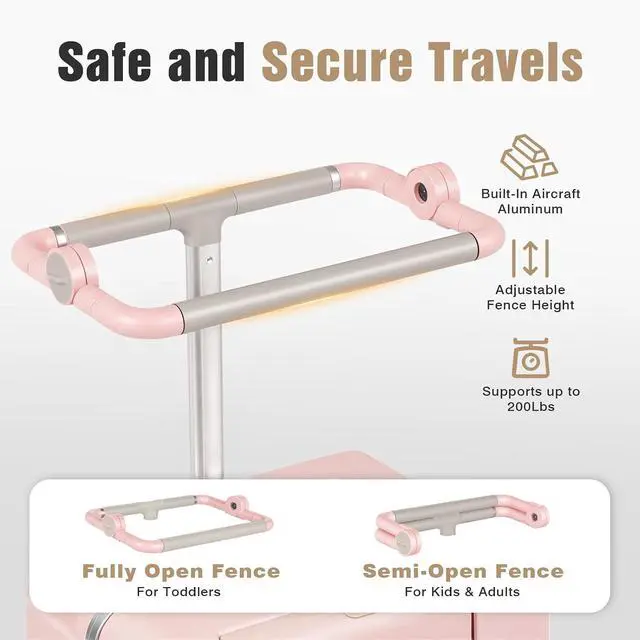 Alt view image 3 of 7 - 20" Adjustable Fence Luggage with Seat, Carry On Suitcase for Kids & Adults, 200lbs Support, 360° Silent Wheels with TSA Lock, Tablet & Cup Holder(Pink)