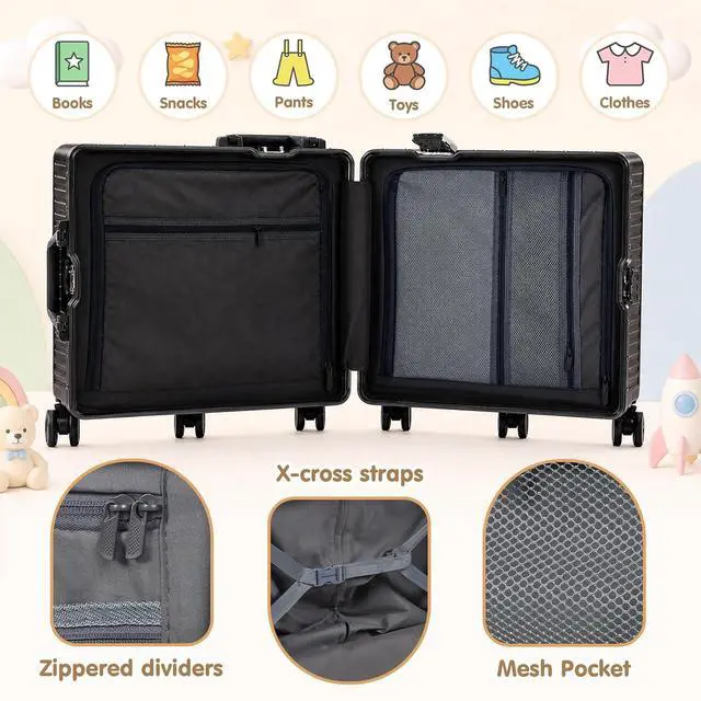 Alt view image 3 of 7 - Kids Ride-On Luggage, 20" Aluminum Frame Carry-On with 6 Wheels (Black) | Premium Construction, 200 lb Capacity, Foldable Footrest, Dual Locks, Easy-Lift Handles & Utility Hook for Family Travel