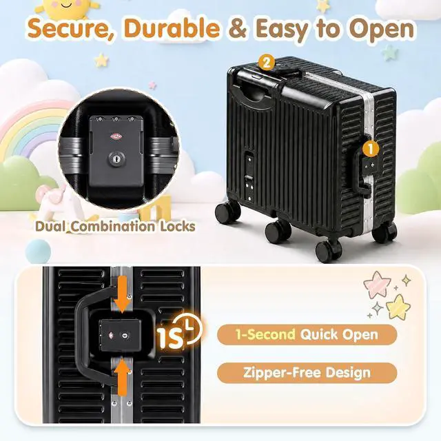 Alt view image 6 of 7 - Kids Ride-On Luggage, 20" Aluminum Frame Carry-On with 6 Wheels (Black) | Premium Construction, 200 lb Capacity, Foldable Footrest, Dual Locks, Easy-Lift Handles & Utility Hook for Family Travel
