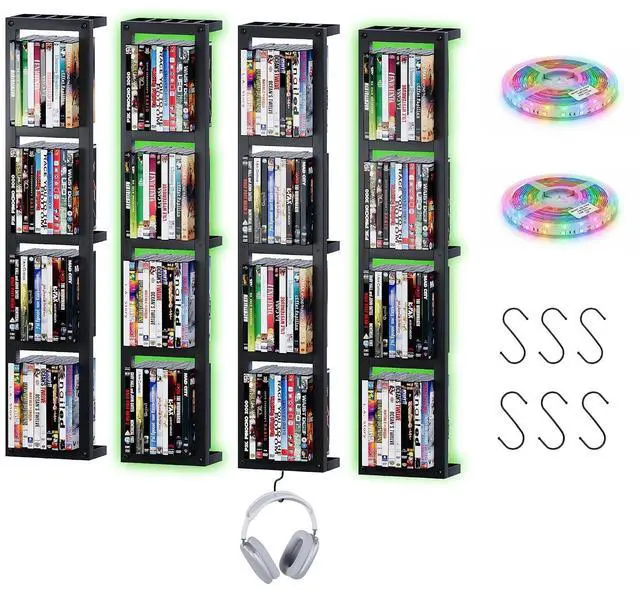 Main image of Wall-Mounted CD Storage Shelf with DIY LED Strip, Floating Media Storage Rack with Hooks, Cube Organizer for Video Games Set of 4