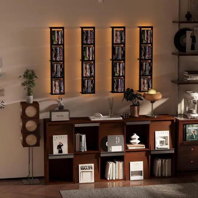 Alt view image 2 of 7 - Wall-Mounted CD Storage Shelf with DIY LED Strip, Floating Media Storage Rack with Hooks, Cube Organizer for Video Games Set of 4
