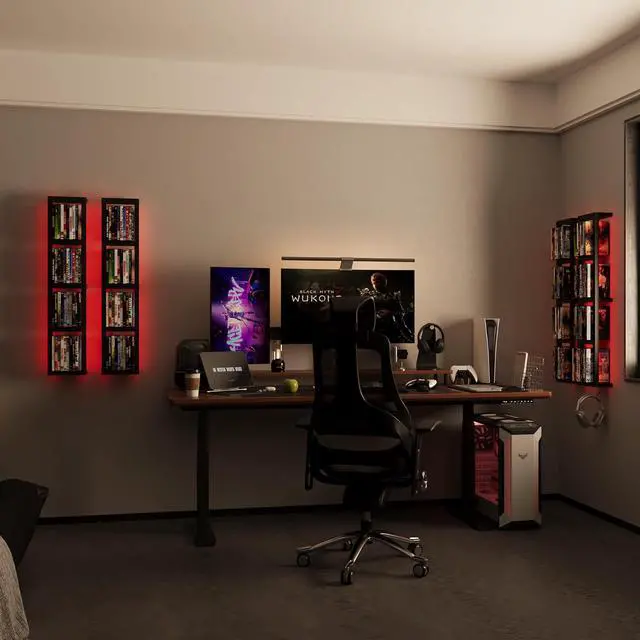 Alt view image 6 of 7 - Wall-Mounted CD Storage Shelf with DIY LED Strip, Floating Media Storage Rack with Hooks, Cube Organizer for Video Games Set of 4
