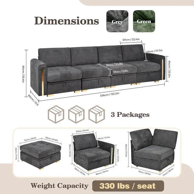Alt view image 2 of 7 - Modular Sectional Sofa, Chenille Sofa with Storage, Deep Seat Couch | Storage Under Each Seat, Extra Deep Seating, Chenille Fabric, Flexible Layout, Gold Metal Accents, Washable Covers
