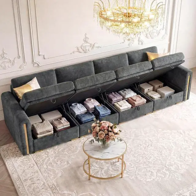 Alt view image 3 of 7 - Modular Sectional Sofa, Chenille Sofa with Storage, Deep Seat Couch | Storage Under Each Seat, Extra Deep Seating, Chenille Fabric, Flexible Layout, Gold Metal Accents, Washable Covers