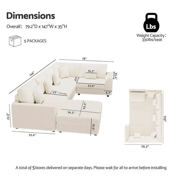 Alt view image 2 of 7 - 146" Modular Sectional Sofa, 6-Piece U-Shaped Couch with Ottoman | Oversized Deep Seating, Converts to Sofa Bed, Solid Wood Frame, Soft Corduroy Fabric, Tool-Free Assembly