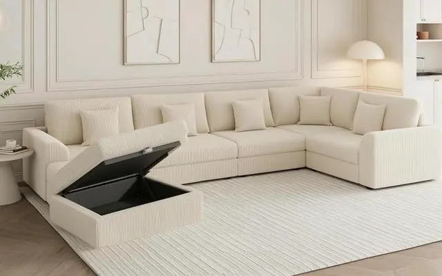 Main image of Modular Sectional Sofa, 6-Piece U-Shaped Couch with Storage Ottoman | Oversized Deep Seating, Converts to Sofa Bed, Solid Wood Frame, Soft Corduroy Fabric, Tool-Free Assembly