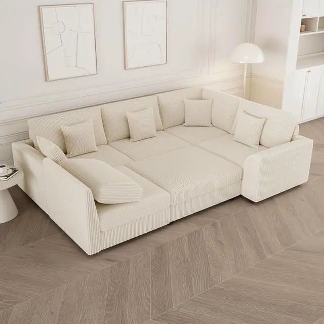 Alt view image 4 of 7 - 146" Modular Sectional Sofa, 6-Piece U-Shaped Couch with Ottoman | Oversized Deep Seating, Converts to Sofa Bed, Solid Wood Frame, Soft Corduroy Fabric, Tool-Free Assembly