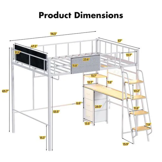 Alt view image 2 of 7 - Full Size Loft Bed with Desk & Stairs, Metal Heavy Duty Loft Bed Frame w/Charging Station, LED Lights, Safety Guardrail, Storage Drawers & Shelves for Adults Teens & Kids, Space-Saving, White