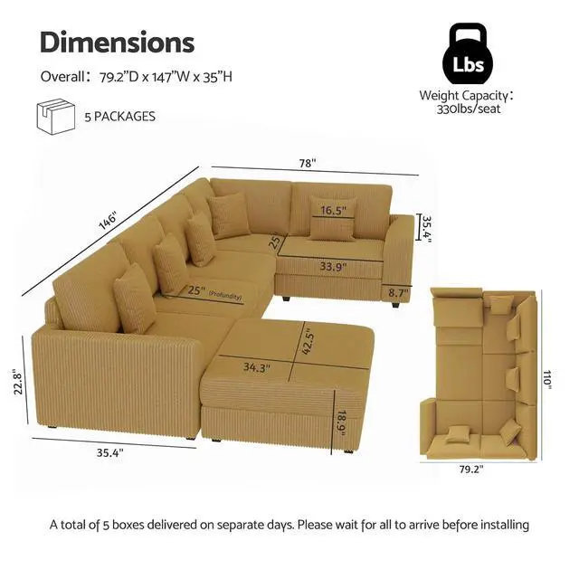 Alt view image 2 of 7 - 146" Modular Sectional Sofa, 6-Piece U-Shaped Couch with Ottoman | Oversized Deep Seating, Converts to Sofa Bed, Solid Wood Frame, Soft Corduroy Fabric, Tool-Free Assembly