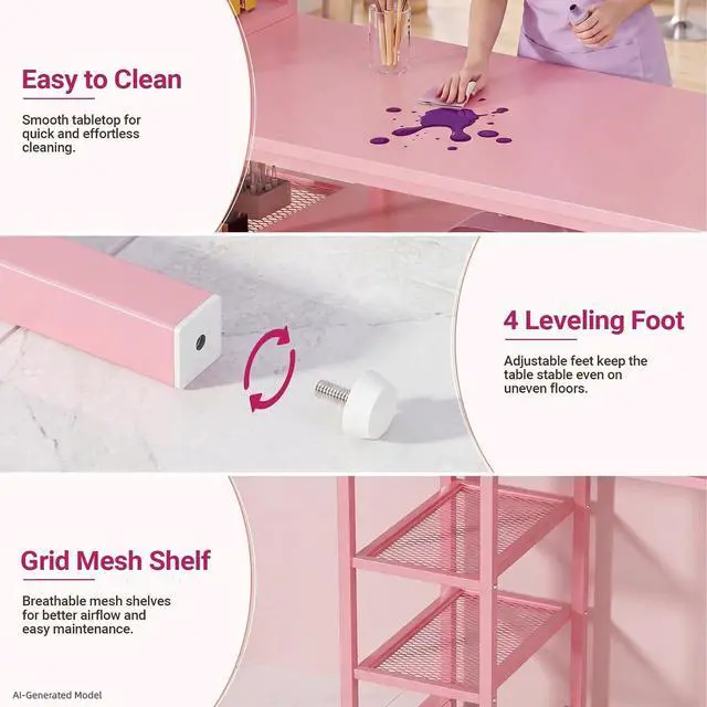 Alt view image 7 of 7 - Manicure Table Nail Desk, Double Tabletop Manicure Desk for Nail Tech, Professional Nail Station w/ 3-Tier Storage Rack, 4 Drawers & Open Shelves, for Beauty, Salon, Spa & Home, Pink