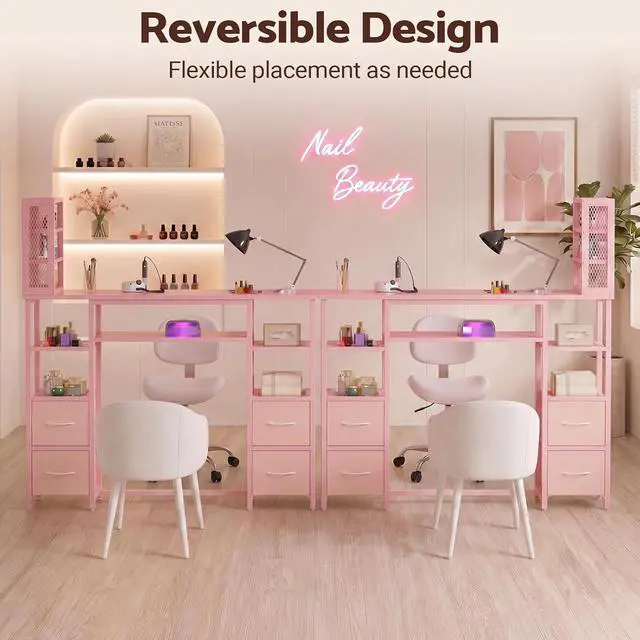 Alt view image 6 of 7 - Manicure Table Nail Desk, Double Tabletop Manicure Desk for Nail Tech, Professional Nail Station w/ 3-Tier Storage Rack, 4 Drawers & Open Shelves, for Beauty, Salon, Spa & Home, Pink