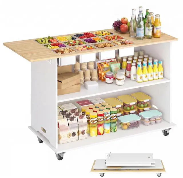 Main image of Portable Charcuterie Cart, 46" Foldable Buffet Table on Wheels, Detachable | Drop Leaf TableTop, 12 Food Pan Holes, 1/6 GN Compatible, Fold-Flat & Detachable, Adjustable Shelf, DIY Stickers, 4 Casters