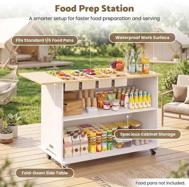 Alt view image 3 of 7 - Portable Charcuterie Cart, 46" Foldable Buffet Table on Wheels, Detachable | Drop Leaf TableTop, 12 Food Pan Holes, 1/6 GN Compatible, Fold-Flat & Detachable, Adjustable Shelf, DIY Stickers, 4 Casters