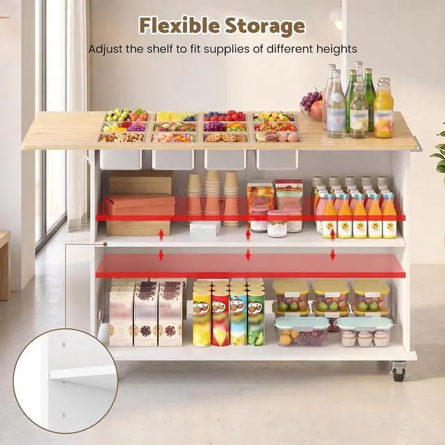 Alt view image 5 of 7 - Portable Charcuterie Cart, 46" Foldable Buffet Table on Wheels, Detachable | Drop Leaf TableTop, 12 Food Pan Holes, 1/6 GN Compatible, Fold-Flat & Detachable, Adjustable Shelf, DIY Stickers, 4 Casters