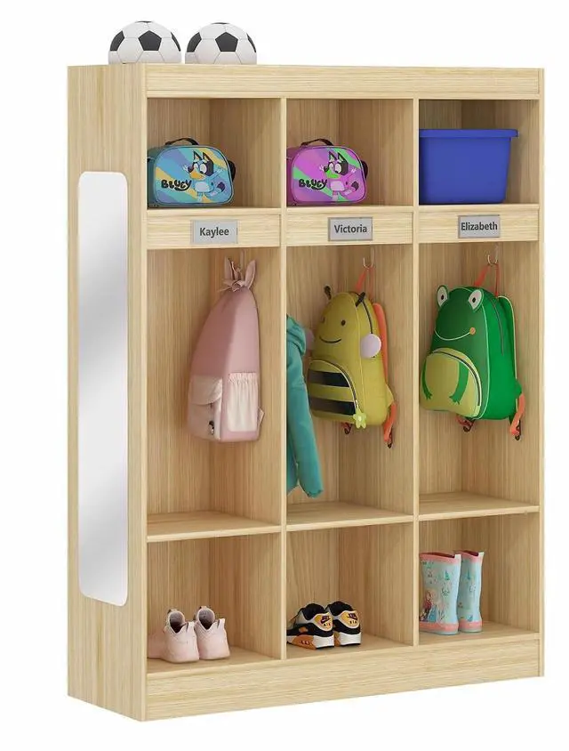 Main image of 3-Section Classroom Coat Locker with 6 Cubbies, Daycare Cubbies with 6 Hooks and Acrylic Mirror, Kindergarten Lockers with Raised Edges for Home, School, Nursery