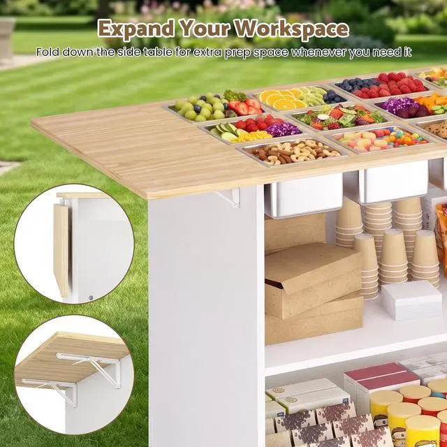 Alt view image 6 of 7 - Portable Charcuterie Cart, 46" Foldable Buffet Table on Wheels, Detachable | Drop Leaf TableTop, 12 Food Pan Holes, 1/6 GN Compatible, Fold-Flat & Detachable, Adjustable Shelf, DIY Stickers, 4 Casters