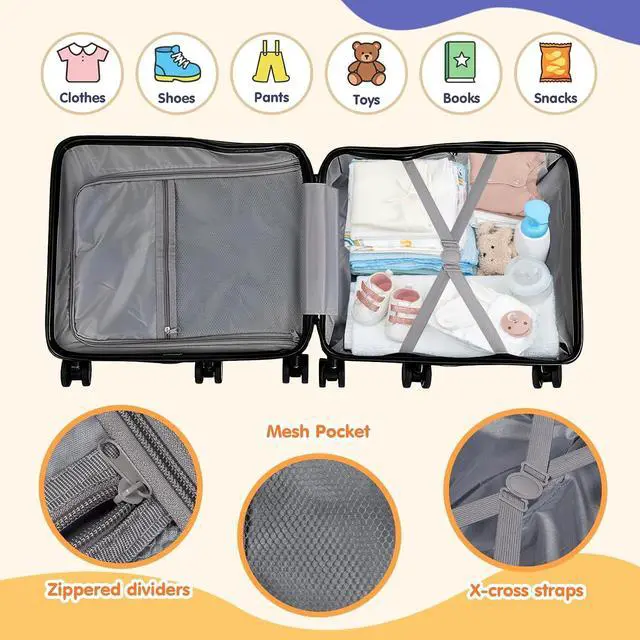 Alt view image 5 of 7 - Kids Ride-On Luggage, 20" Hardshell Carry-On Suitcase with 6 Spinner Wheels, Foldable Pedal, Hidden Cup Holder & Combination Lock for Toddlers & Children (Black, 20-inch)