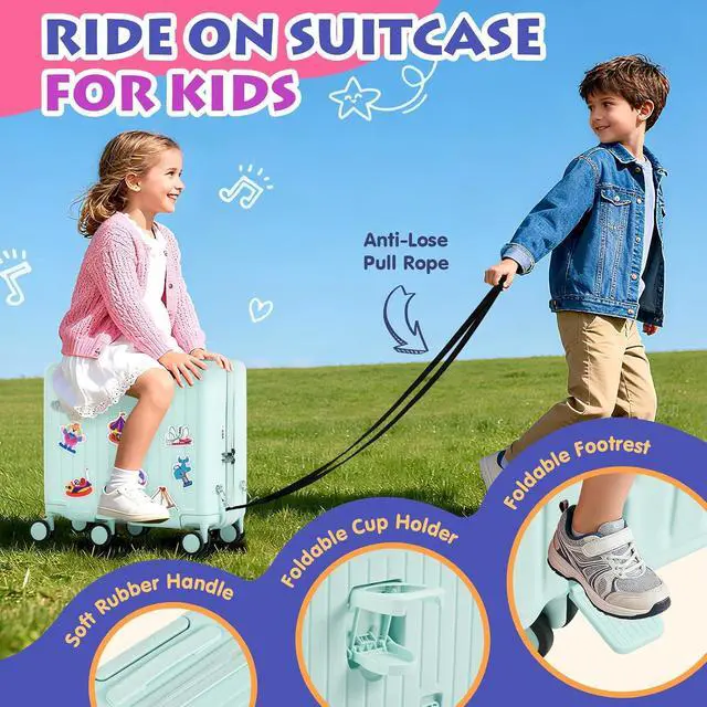 Alt view image 3 of 7 - Kids Ride-On Luggage, 20" Hardshell Carry-On Suitcase with 6 Spinner Wheels, Foldable Pedal, Hidden Cup Holder & Combination Lock for Toddlers & Children (Green, 20-inch)