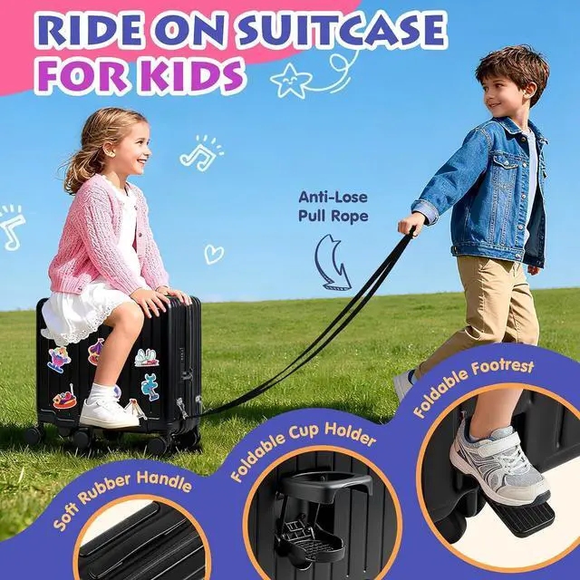 Alt view image 3 of 7 - Kids Ride-On Luggage, 20" Hardshell Carry-On Suitcase with 6 Spinner Wheels, Foldable Pedal, Hidden Cup Holder & Combination Lock for Toddlers & Children (Black, 20-inch)