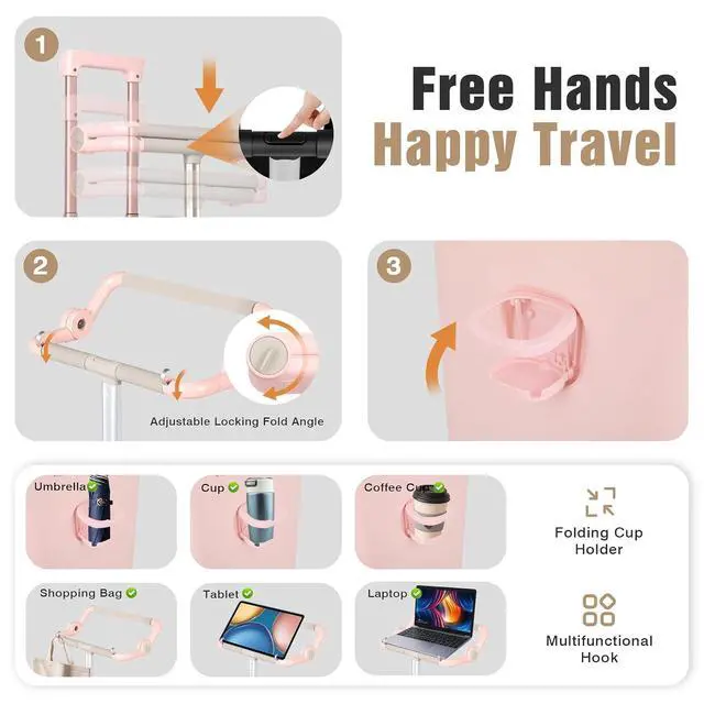 Alt view image 4 of 7 - 20" Adjustable Fence Luggage with Seat, Carry On Suitcase for Kids & Adults, 200lbs Support, 360° Silent Wheels with TSA Lock, Tablet & Cup Holder(Pink)