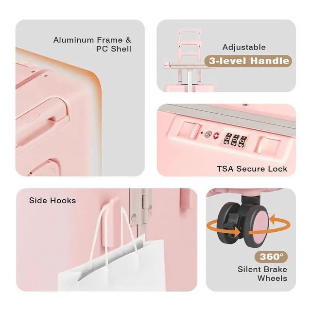 Alt view image 5 of 7 - 20" Adjustable Fence Luggage with Seat, Carry On Suitcase for Kids & Adults, 200lbs Support, 360° Silent Wheels with TSA Lock, Tablet & Cup Holder(Pink)
