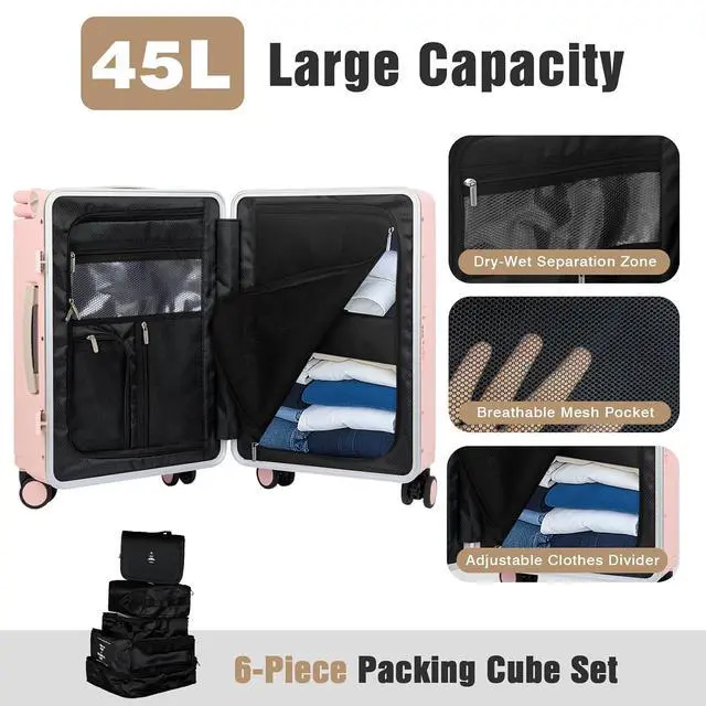 Alt view image 6 of 7 - 20" Adjustable Fence Luggage with Seat, Carry On Suitcase for Kids & Adults, 200lbs Support, 360° Silent Wheels with TSA Lock, Tablet & Cup Holder(Pink)