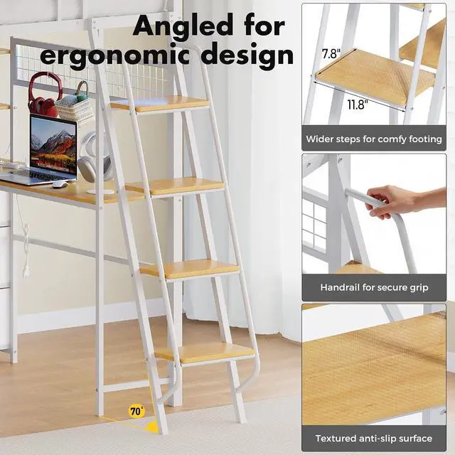 Alt view image 5 of 7 - Full Size Loft Bed with Desk & Stairs, Metal Heavy Duty Loft Bed Frame w/Charging Station, LED Lights, Safety Guardrail, Storage Drawers & Shelves for Adults Teens & Kids, Space-Saving, White