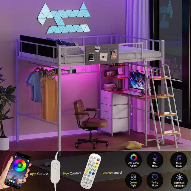 Alt view image 6 of 7 - Full Size Loft Bed with Desk & Stairs, Metal Heavy Duty Loft Bed Frame w/Charging Station, LED Lights, Safety Guardrail, Storage Drawers & Shelves for Adults Teens & Kids, Space-Saving, White