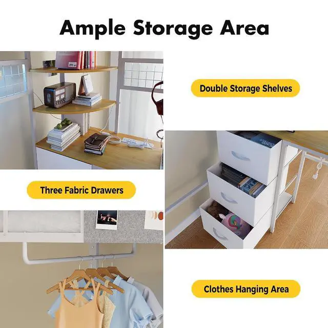 Alt view image 7 of 7 - Full Size Loft Bed with Desk & Stairs, Metal Heavy Duty Loft Bed Frame w/Charging Station, LED Lights, Safety Guardrail, Storage Drawers & Shelves for Adults Teens & Kids, Space-Saving, White