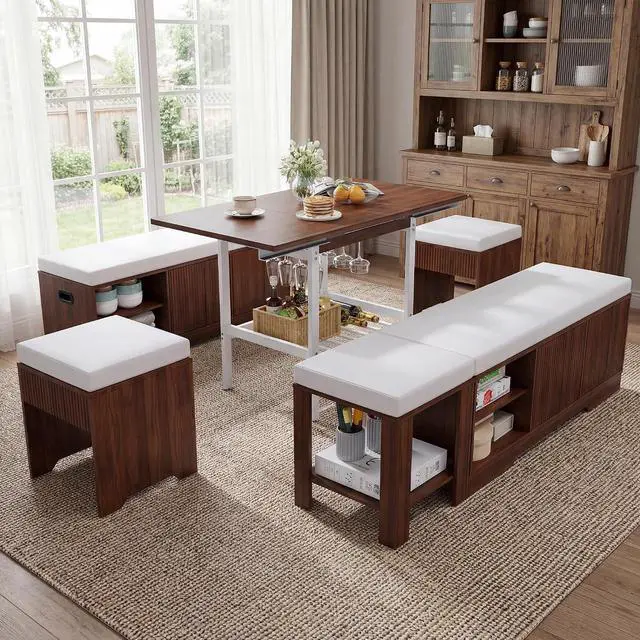 Main image of Extendable Breakfast Nook Set with Storage Bench, Corner Dining Table Set | Extendable Table Design, Hidden Storage Benches, 6-Piece Dining Set, Built-In Glass Holders, Indoor & Outdoor Use