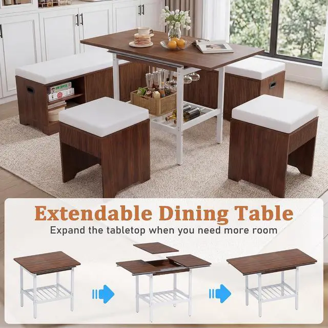 Alt view image 2 of 7 - Extendable Breakfast Nook Set with Storage Bench, Corner Dining Table Set | Extendable Table Design, Hidden Storage Benches, 6-Piece Dining Set, Built-In Glass Holders, Indoor & Outdoor Use