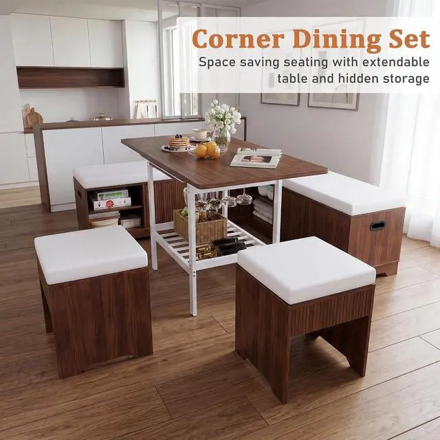 Alt view image 7 of 7 - Extendable Breakfast Nook Set with Storage Bench, Corner Dining Table Set | Extendable Table Design, Hidden Storage Benches, 6-Piece Dining Set, Built-In Glass Holders, Indoor & Outdoor Use