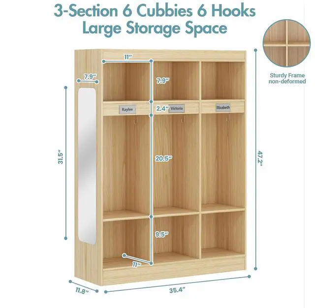 Alt view image 3 of 7 - 3-Section Classroom Coat Locker with 6 Cubbies, Daycare Cubbies with 6 Hooks and Acrylic Mirror, Kindergarten Lockers with Raised Edges for Home, School, Nursery