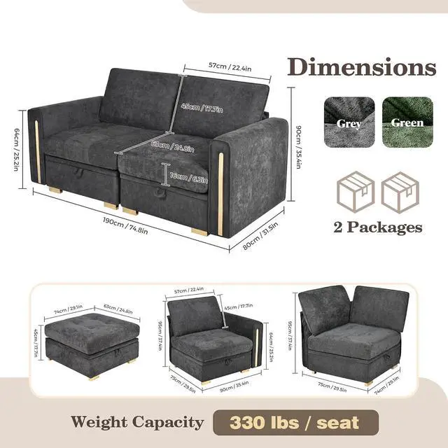 Alt view image 2 of 7 - Oversized Modular Chenille Loveseat with Storage, Comfy Extra Deep & Wide Seat Couch with Gold Metal Accents & Legs for Living Room (Grey)