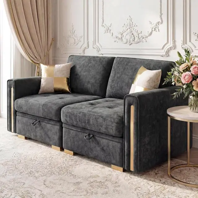 Main image of Oversized Modular Chenille Loveseat with Storage, Comfy Extra Deep & Wide Seat Couch with Gold Metal Accents & Legs for Living Room (Grey)